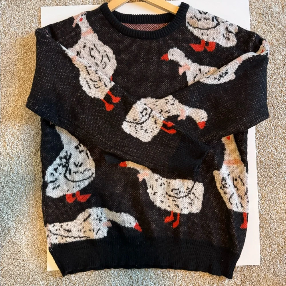 All-Over Goose Print Knit Crewneck Sweater - Black & White (unisex) - Picture 2 of 5